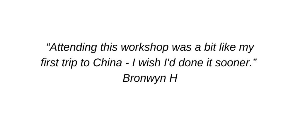 Attending this workshop was a bit like my first trip to China – I wish I had done it sooner. Bronwyn H